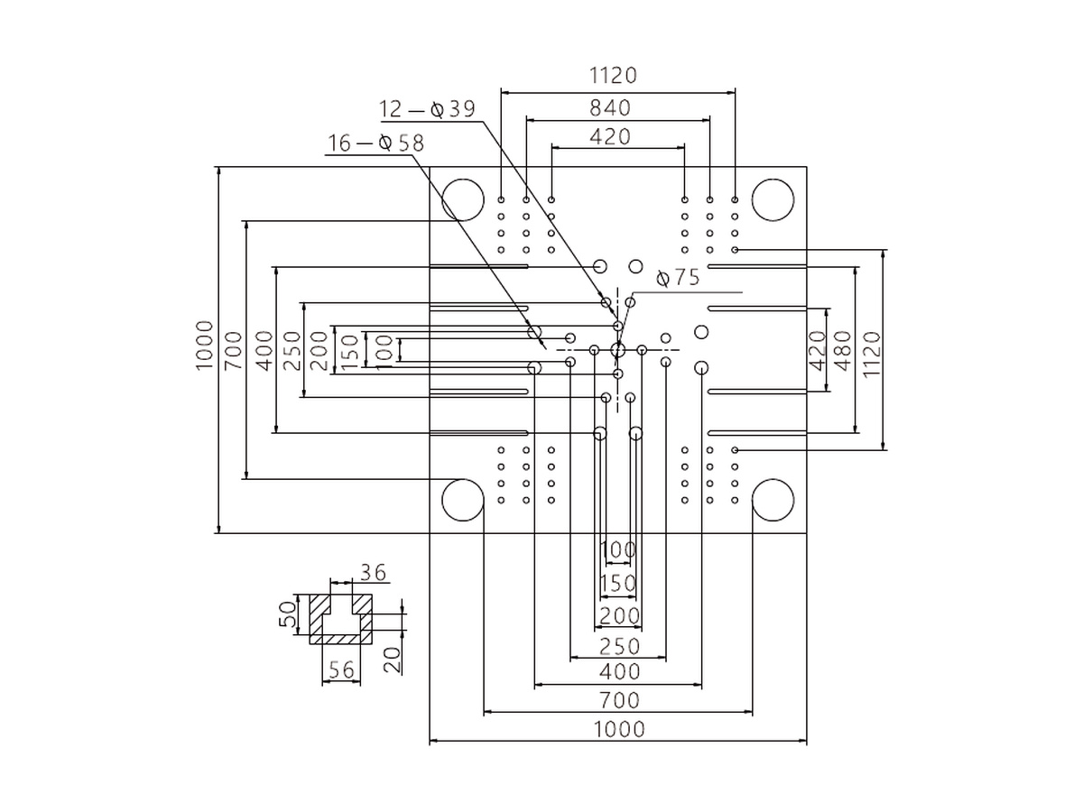 BN-1400 platen front dimensions.